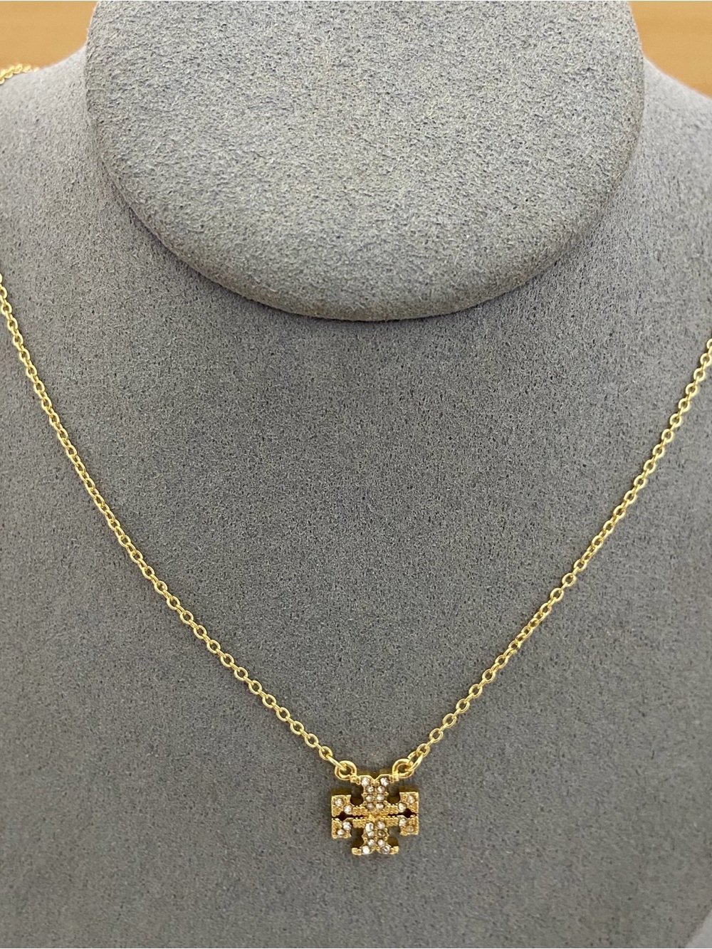 Tory Burch Gold Crystal Logo Pendant Necklace
